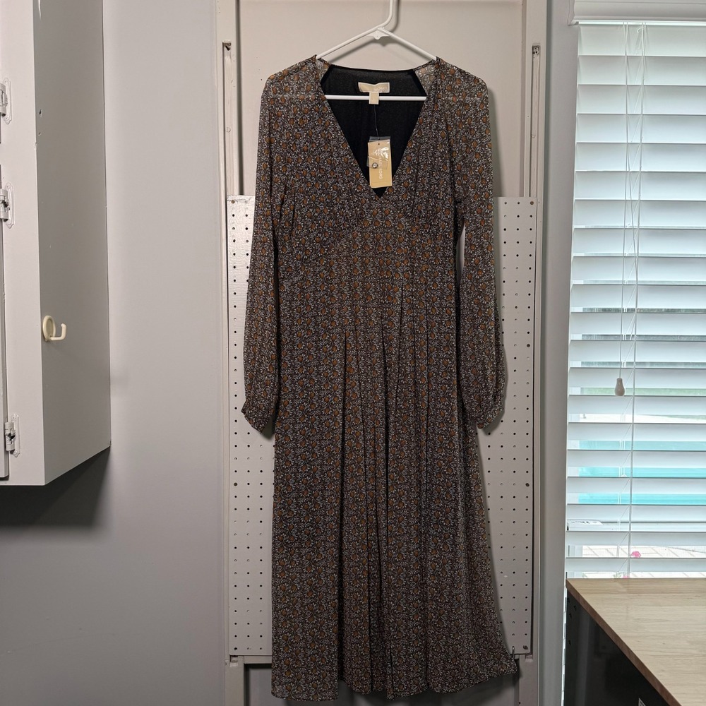 Michael Kors Maxi Dressβ Black & Marigold Floral V-Neck Empire Waist - Large NWT